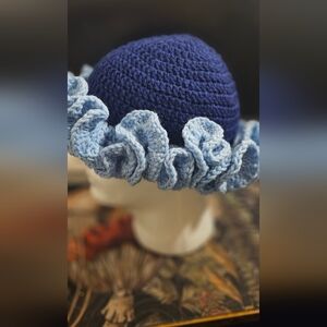 Blue Crochet Hat with Ruffle Trim